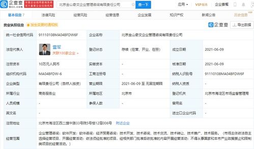 雷軍獨資設立金山奇文企業管理咨詢公司，全資持股引發市場關注